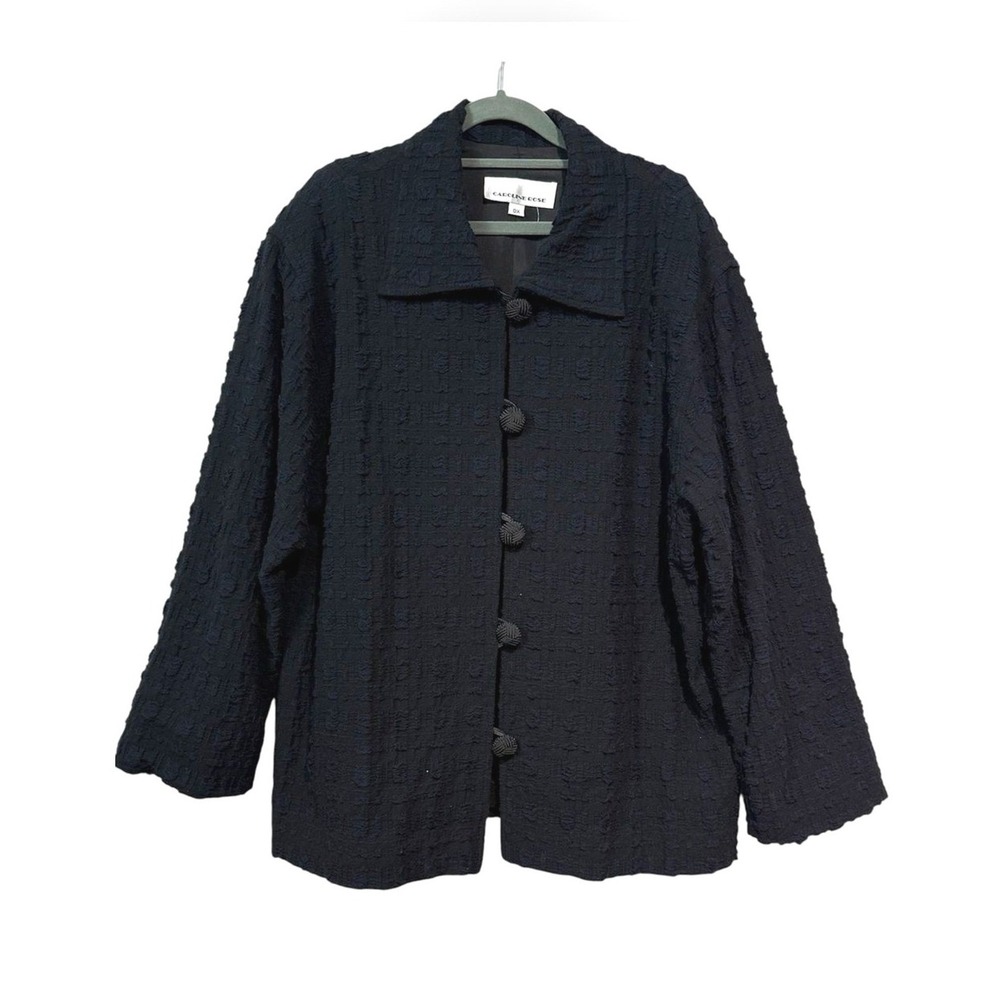Caroline Rose 2 Piece Jacket Tank Set 0X Black Blue Crinkle Jacquard